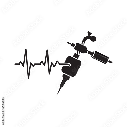 Tattoo machine with heartbeat line in bold black silhouette for body art and studio branding, vector illustration design