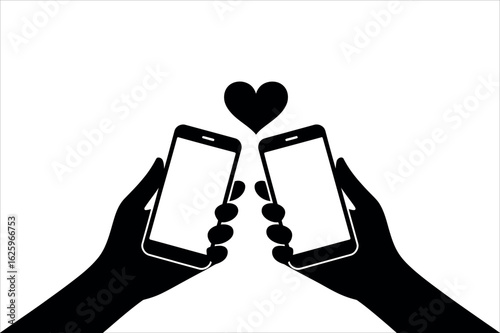 Two hands holding phones with heart smartphones love