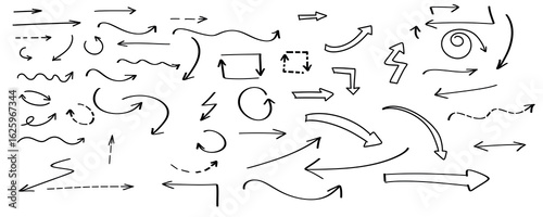 Collection of various handdrawn arrows and pointers isolated on transparent background
