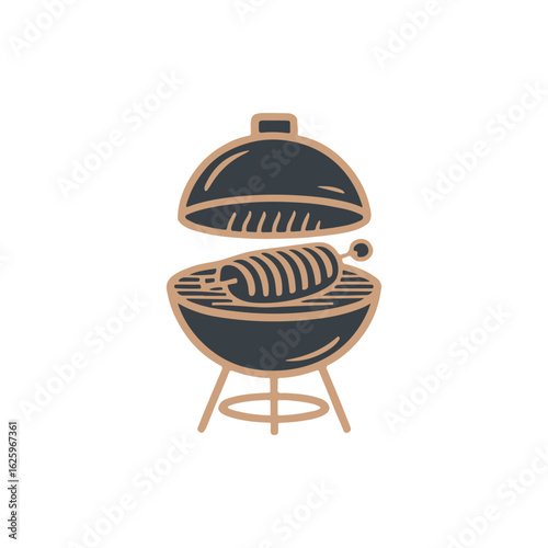 Outdoor barbecue grill with sausage and lid in neutral palette for food or BBQ branding, vector illustration design