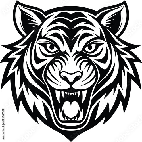 Aggressive Black and White Tiger Head Logo - Roaring Wildcat Mascot
