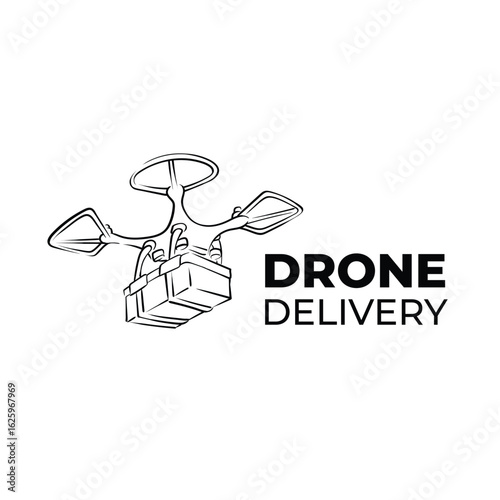 Drone delivery service vector line art logo isolated background