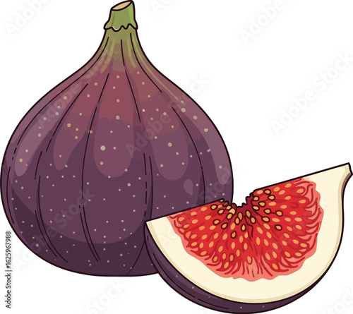 A whole purple fig and a slice showcasing its vibrant red interior.