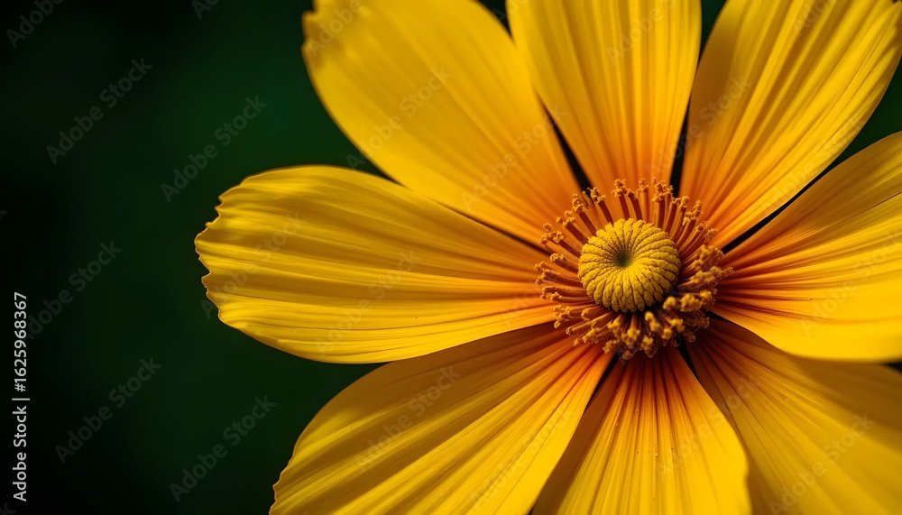 Obraz premium Close-up Detail of Vibrant Yellow Cosmos Flower with Dark Green Background in Macro Photography