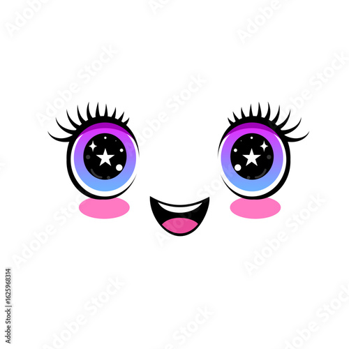 Kawaii face with big sparkling starry eyes, long lashes, and rosy cheeks