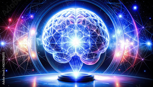 Artificial intelligence, embodied in the form of a human brain, is permeated with neon neural connections. High quality photos.