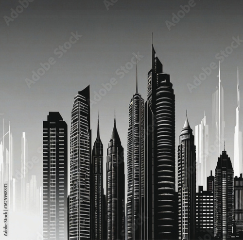 Futuristic City Skyline in Black and White – High-Rise Urban Architecture Vector Illustration of Modern Skyscrapers