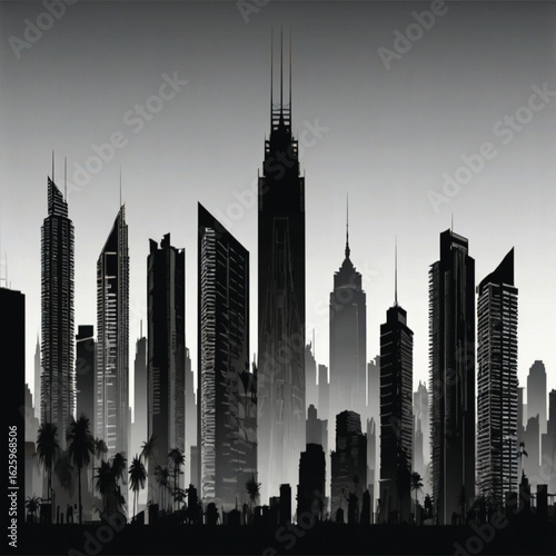 Futuristic City Skyline in Black and White – High-Rise Urban Architecture Vector Illustration of Modern Skyscrapers