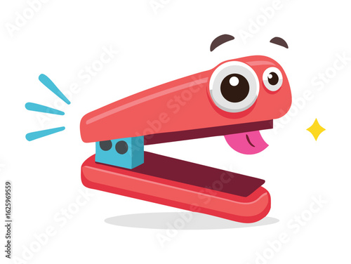 Vector art of funny cartoon red stapler with a tongue sticking out, isolated on white background.