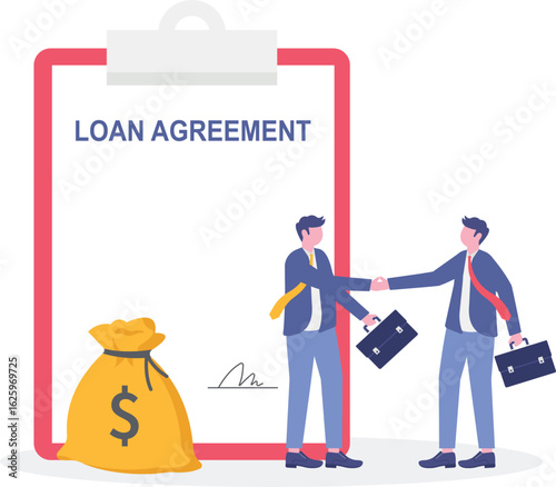 Flat illustration of businessman shaking hand with loan agreement and money bag symbolizing financial support or mortgage


