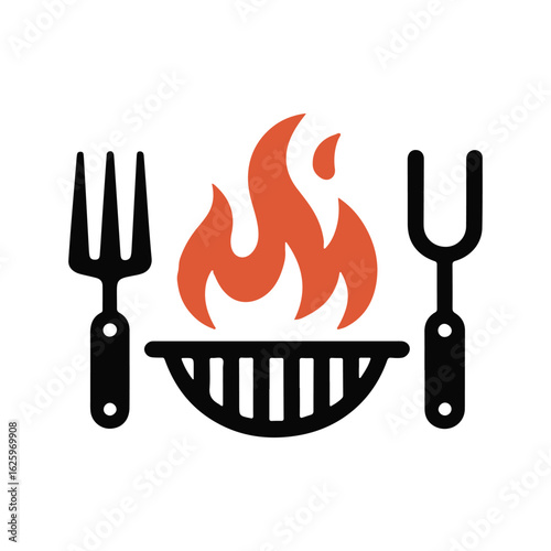 Stylized grill with fire and meat skewers surrounded by utensils in simple flame layout, vector illustration design