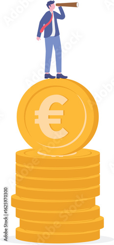 Flat illustration of businessman investor stand on euro coin using telescope to predict Europe economy
