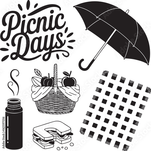 Enjoy delightful picnic days with basket, umbrella, and treats.
