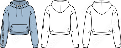 Light blue cropped hoodie, front and back sketch, drawstring detail, ribbed cuffs, pocket design, fashion template, garment illustration, vector layout, clothing style.