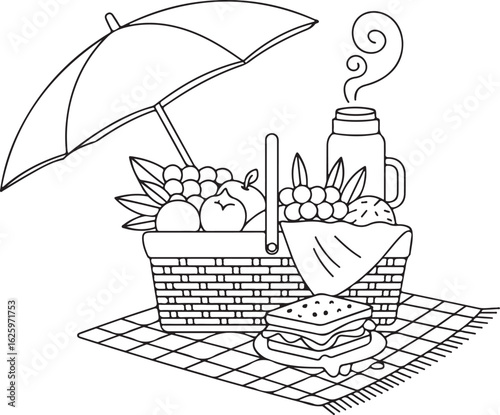 Charming picnic setup with basket, food, and umbrella
