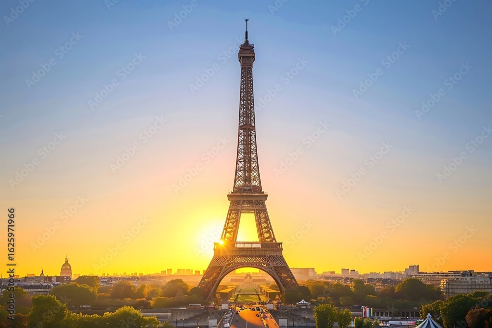 Obraz premium Eiffel Tower at sunset with vibrant golden light, Paris cityscape, travel destination