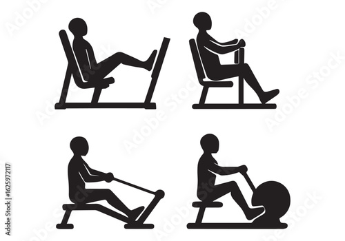 Diverse Gym Equipment Featuring People in Silhouette Performing Exercises on Machines Black and White