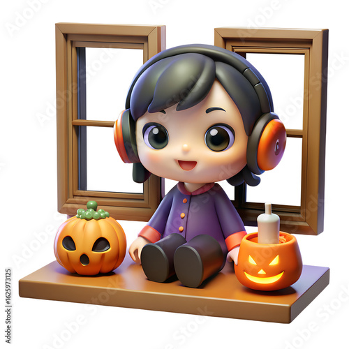 3d little girl with halloween decoration