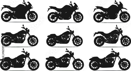 hSilhouette collection of modern cruiser and sports motorcycles, black bike icons on white background, motorcycle side views for design, vector art