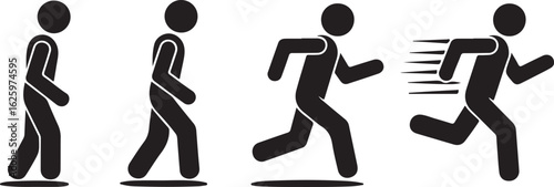 Man stands, walk and run icon set. People symbol. Person standing, walking and running illustration. Run, walk, stand. Vector illustration