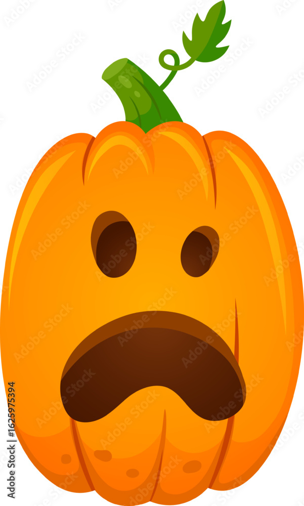 Fototapeta premium Halloween pumpkin featuring a surprised and scared expression, grimacing with an open mouth, adding a touch of fun and spookiness to any seasonal celebration on a white background