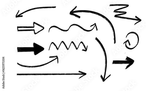 Collection of handdrawn arrows in various styles and directions, isolated on transparent background