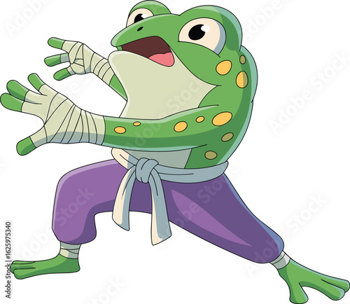 Martial arts frog character in fighting pose, cartoon amphibian illustration with bandaged limbs, energetic action drawing for animation, gaming, design