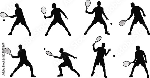 Wallpaper Mural Silhouettes of Male Tennis Players in Action with Rackets and Balls, Sports Poses, Athletic Movement, Isolated on White Background Torontodigital.ca