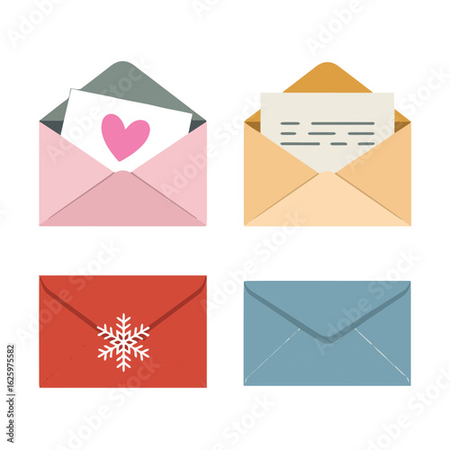 A collection of four colorful envelopes with different designs and contents displayed on a white background