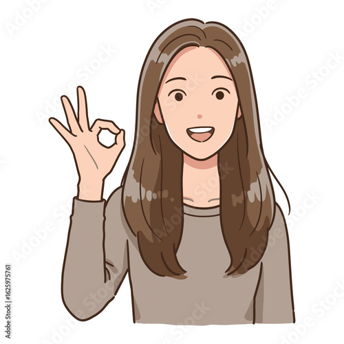 Illustration of a happy young woman showing an OK sign. A positive gesture symbolizing agreement, success, and approval.