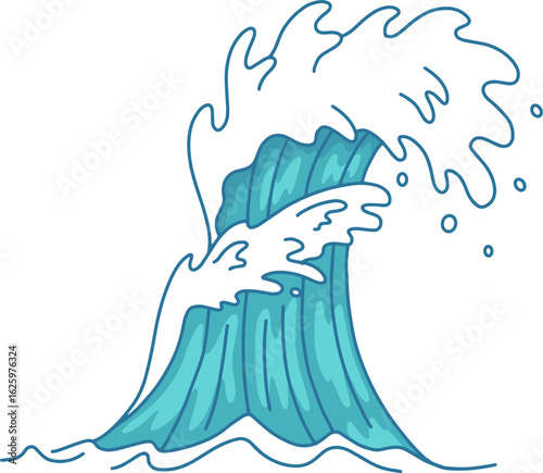 Big ocean wave rising and crashing, sending up splashes of foam and bubbles, depicted in a hand drawn doodle sketch style. Vector illustration set against a clean white background