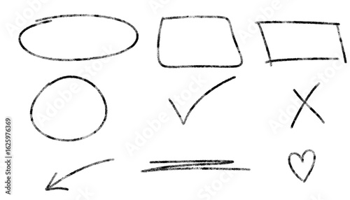 Collection of handdrawn chalky shapes and symbols isolated on transparent background