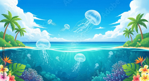 Beautiful Cartoon Jellyfish Ocean Seascape with Tropical Island Illustration Artwork