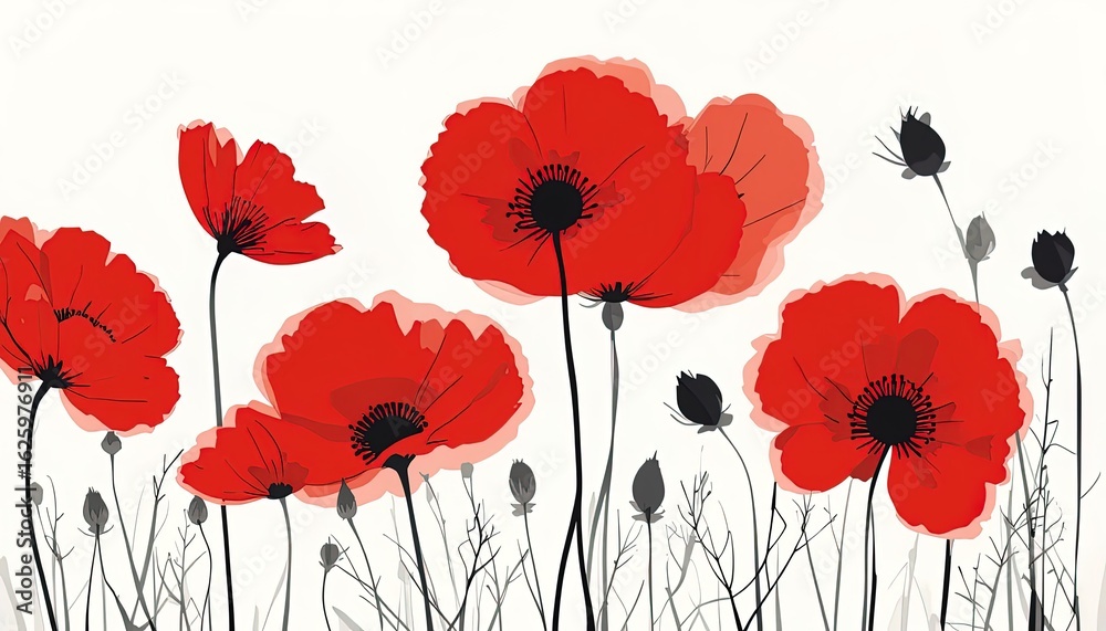 Obraz premium Red poppy flowers in a field against a white background.