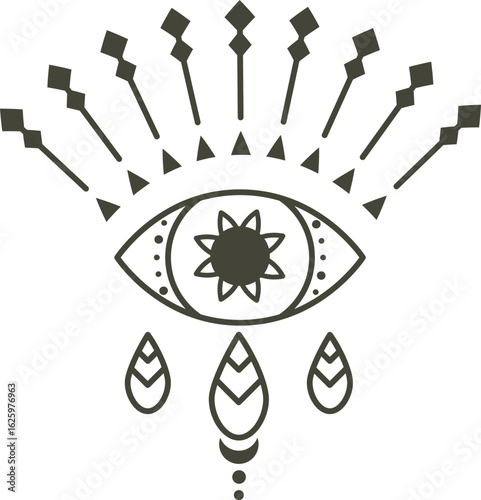 Stylized eye with sun shaped pupil, radiating power with decorative rays and teardrops, representing spirituality, mysticism and esoteric knowledge