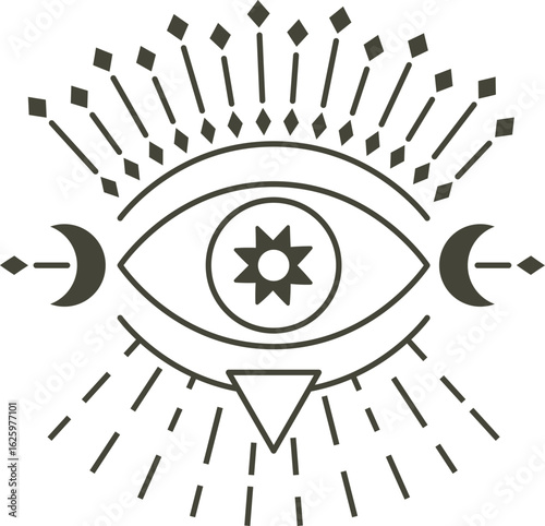 Esoteric eye of providence with sun and moon ornaments radiating light beams and diamonds, representing spiritual enlightenment, mystical vision, and divine guidance