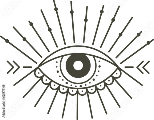 Minimalist line art drawing of an eye of providence radiating mystical energy with decorative rays, dots, and arrows, symbolizing vision, spirituality, and esoteric knowledge