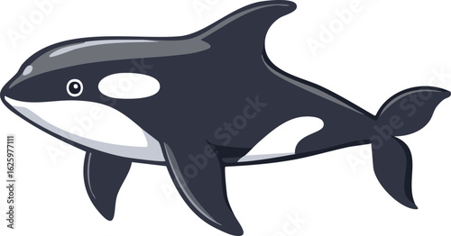 Cartoon illustration of a killer whale, depicted with black and white markings, swimming.
