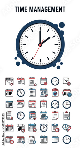 Flat Line Style Time Management Icons Set for Business Organization