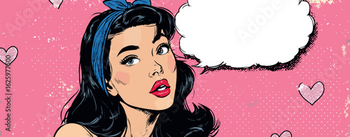 Surprised Pop Art Woman with Heart Background and Blank Speech Bubble, Vector Illustration