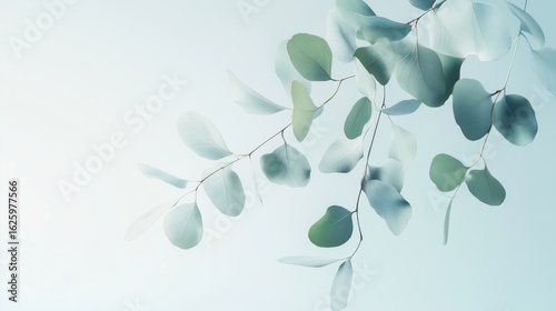Flying eucalyptus leaves against soft blue gradient background