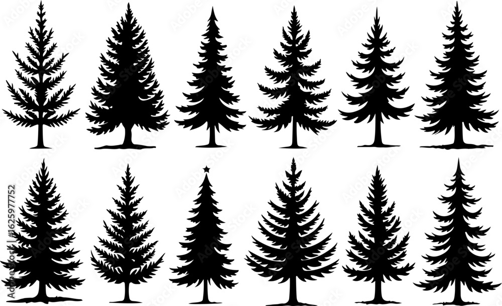 Obraz premium Christmas, tree, silhouette, geometric, modern, holiday, festive, black vector bundle