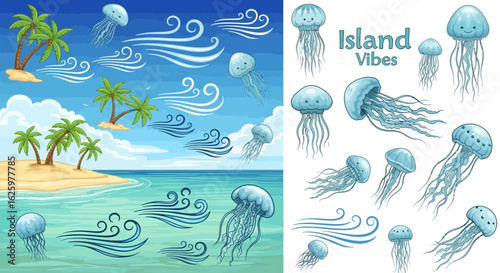Cartoon Detailed Jellyfish on Tropical Island with Ocean Wave Elements