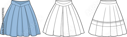 Skirt fashion template, pleated design front back, layered hem styles, waistband variation, clothing sketch layout, garment illustration, sewing pattern flat drawing.