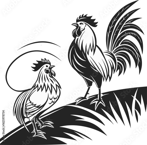 Monochrome Rooster Pair Illustration Two Roosters in Detailed Vector Graphic Depiction Crested Birds in Striking Black and White Contrast