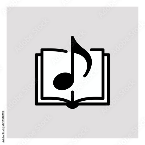 A Minimalist Icon Depicting an Open Book with a Musical Note Symbolizing Harmony and Knowledge in Black and White