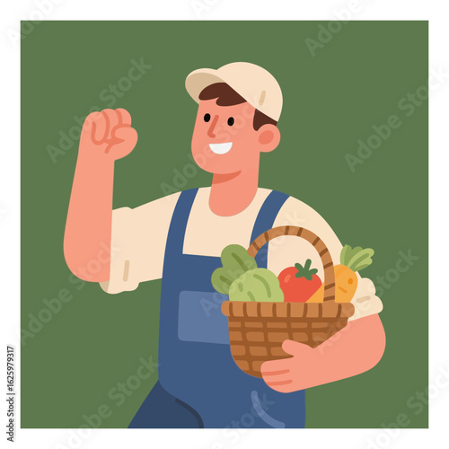 Cheerful farmer raising fist holding a basket full of fresh vegetables, celebrating a successful harvest and promoting farm-to-table freshness