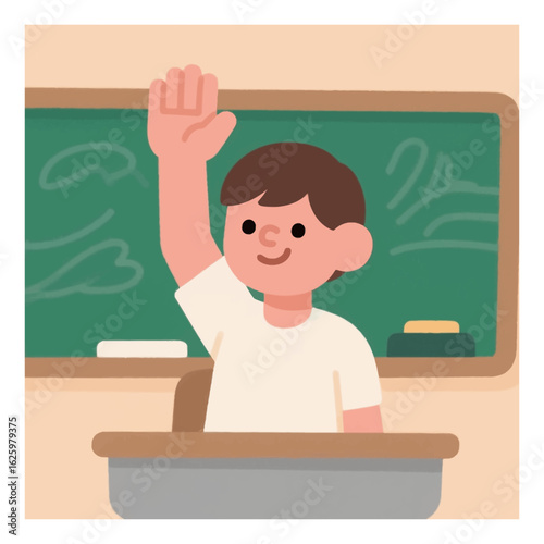 Cheerful schoolboy raising his hand in classroom illustration, ready to answer question during lesson, sitting at desk with blackboard in background