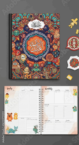 Colorful Decorative Planner with Arabic Calligraphy and Cute Cartoon Stickers
