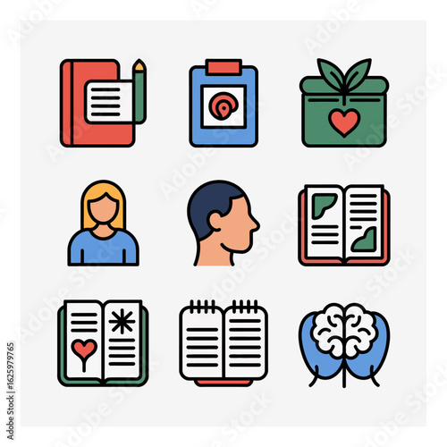 Collection of Mental Health Icons Representing Mindfulness, Education, and Wellbeing for a Balanced Lifestyle